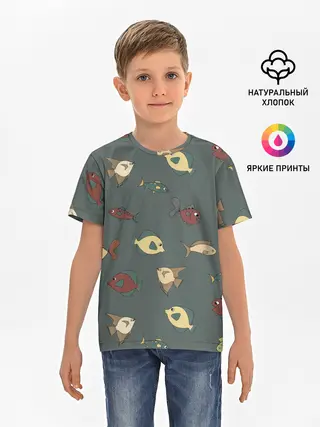Детская базовая футболка / Морские рыбки на зеленом фоне
