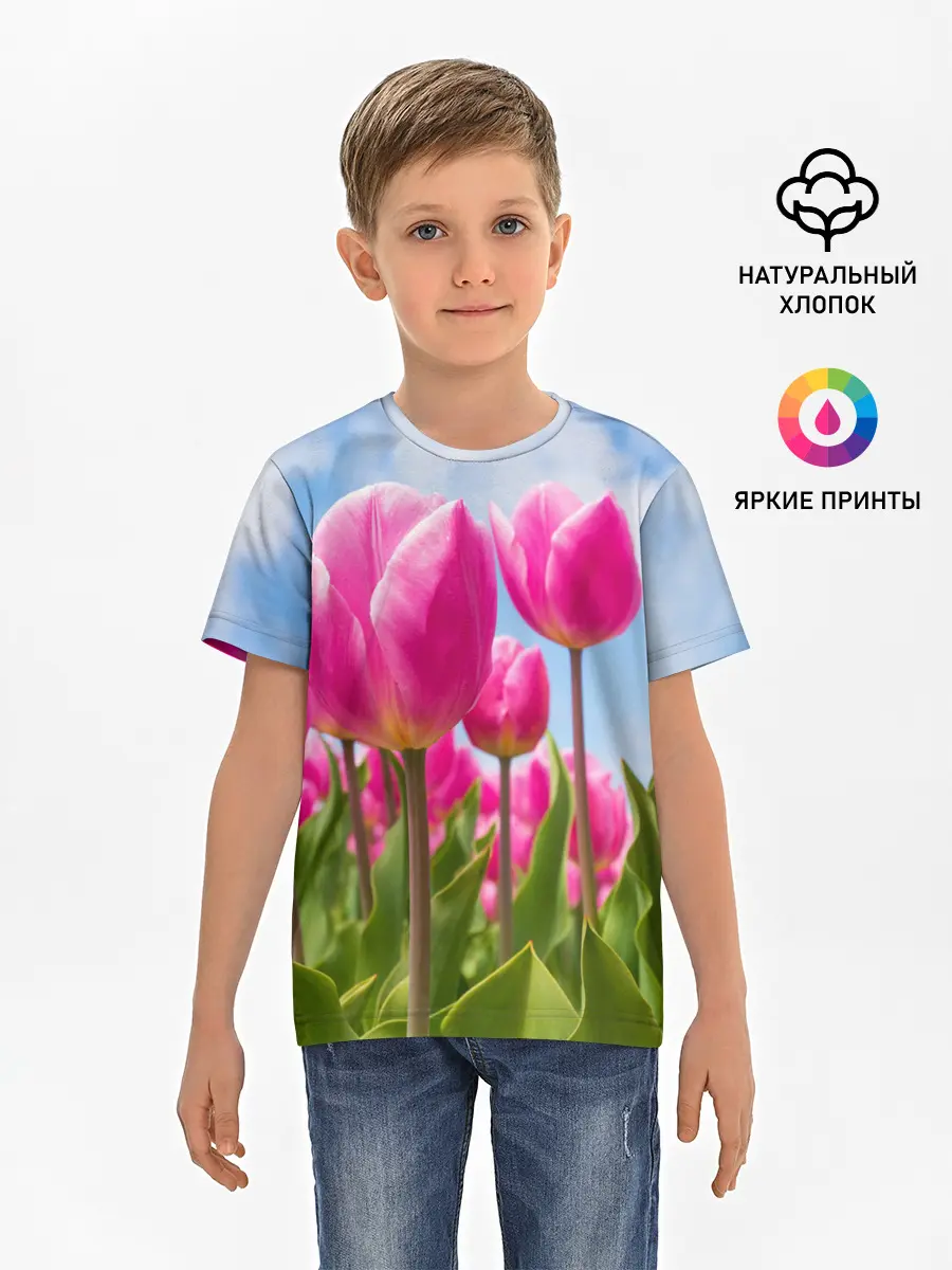 Детская базовая футболка / Розовые тюльпаны