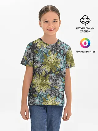 Детская базовая футболка / Черно оливковый цветочный