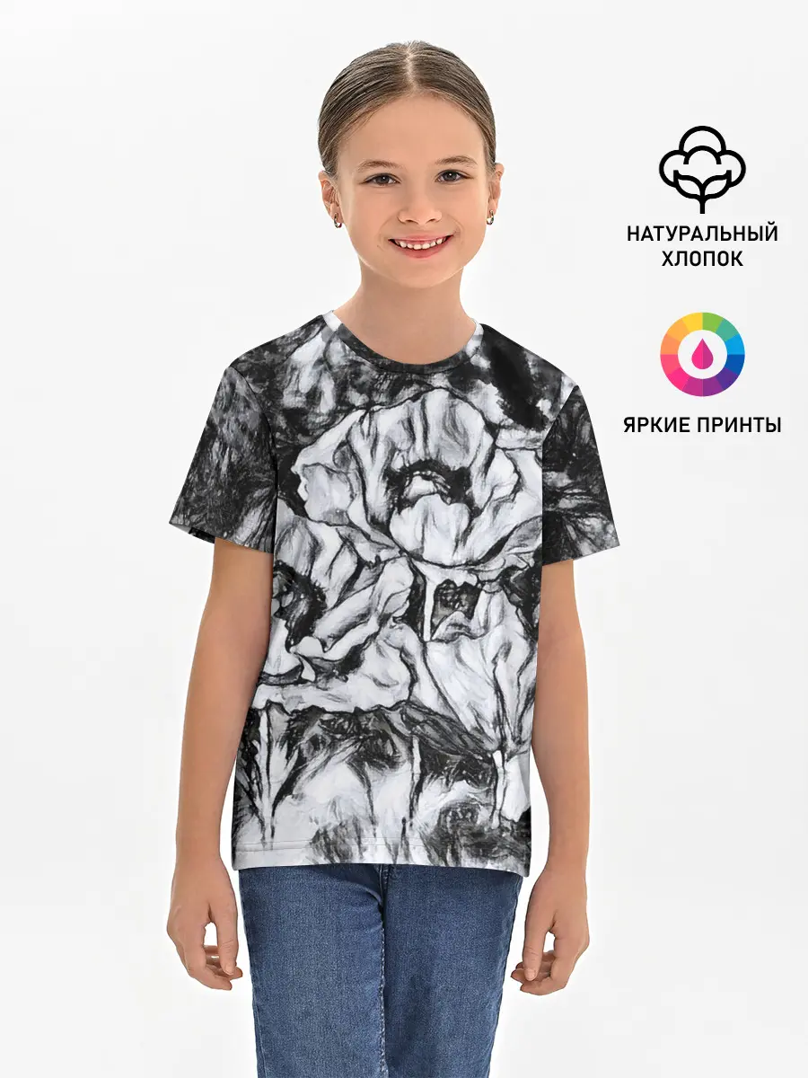 Детская базовая футболка / Черно-белый узор. Маки.