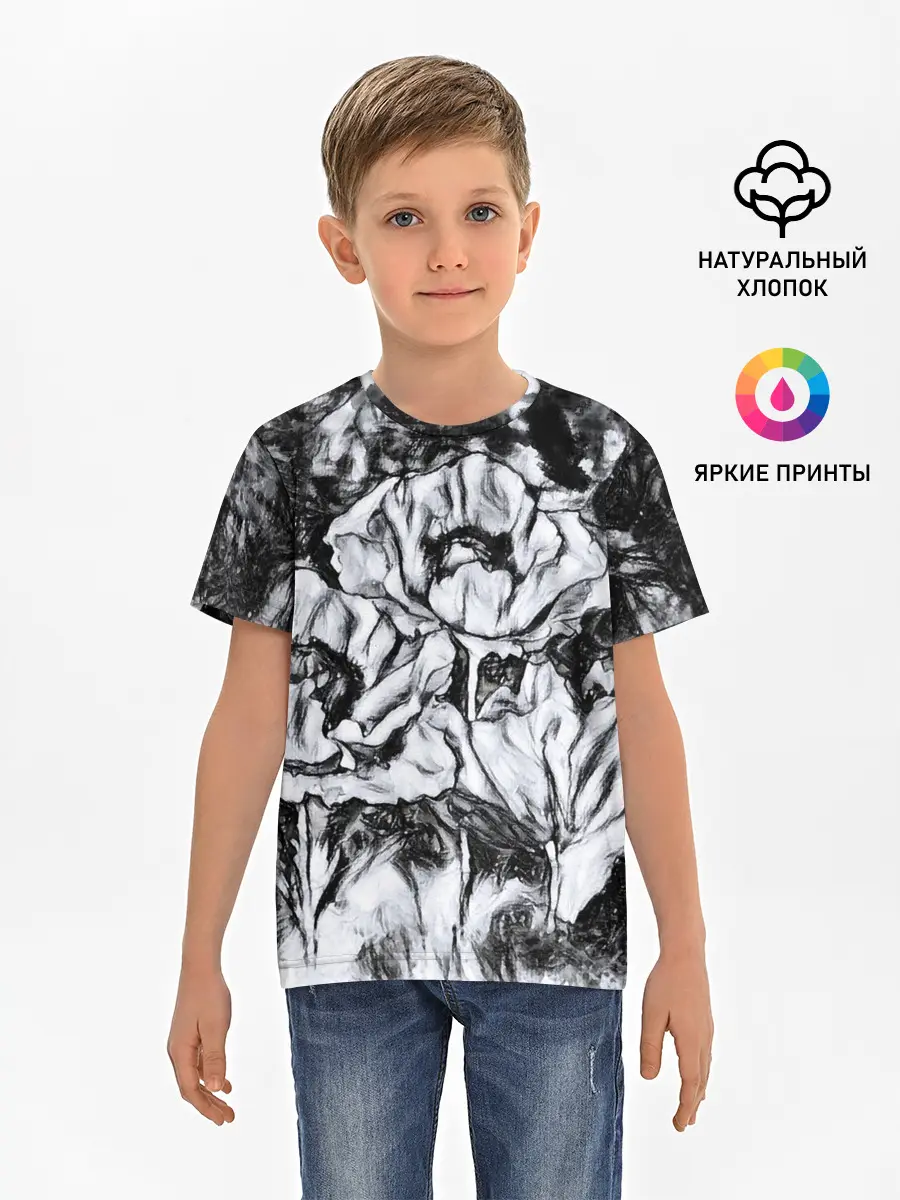 Детская базовая футболка / Черно-белый узор. Маки.