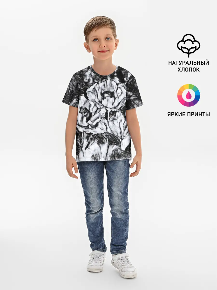 Детская базовая футболка / Черно-белый узор. Маки.