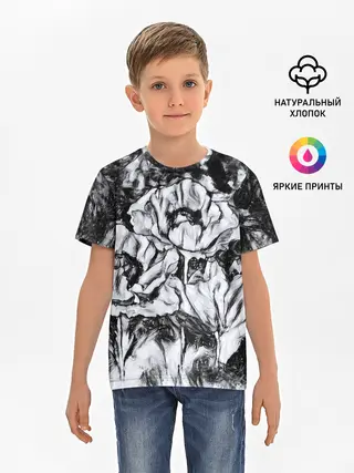 Детская базовая футболка / Черно-белый узор. Маки.