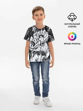 Детская базовая футболка / Черно-белый узор. Маки.