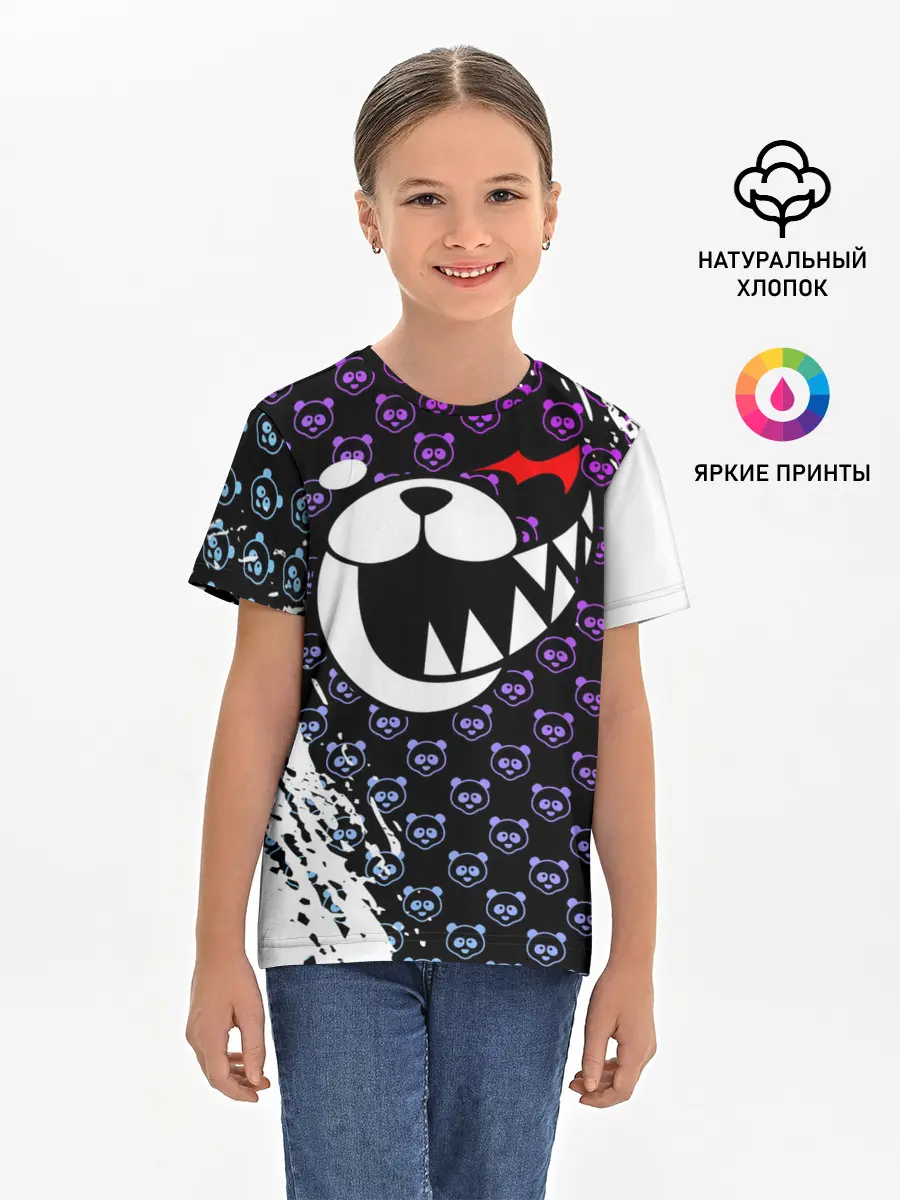 Детская базовая футболка / Монокума на фиолетовом паттерне