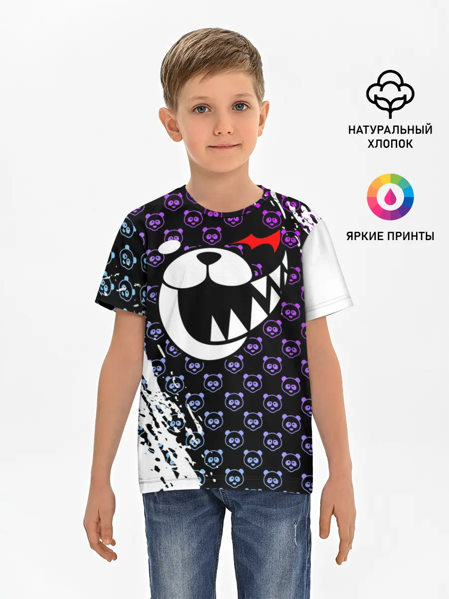 Детская базовая футболка / Монокума на фиолетовом паттерне