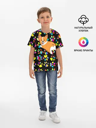 Детская базовая футболка / Корги | Цветные лапки