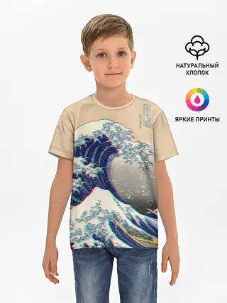 Детская базовая футболка / Kanagawa Wave Glitch Art