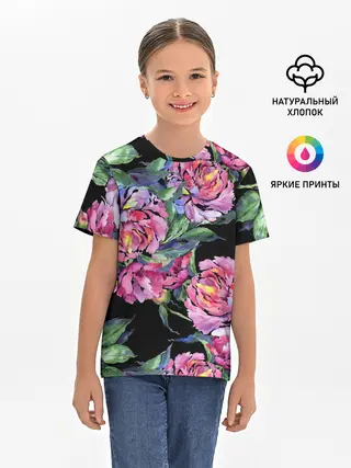 Детская базовая футболка / Розовые пионы