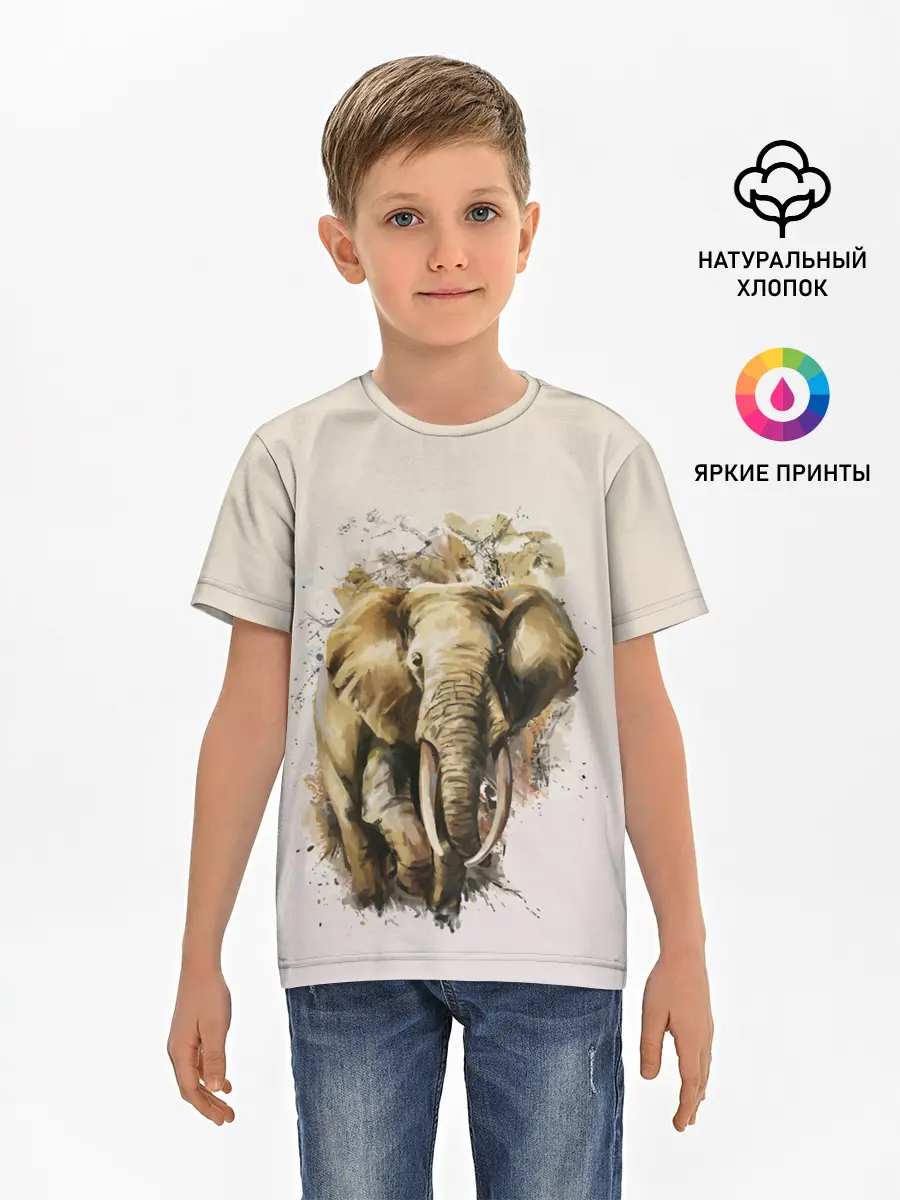 Детская базовая футболка / акварельный слон брызги