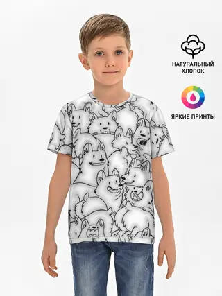 Детская базовая футболка / Корги ЧБ