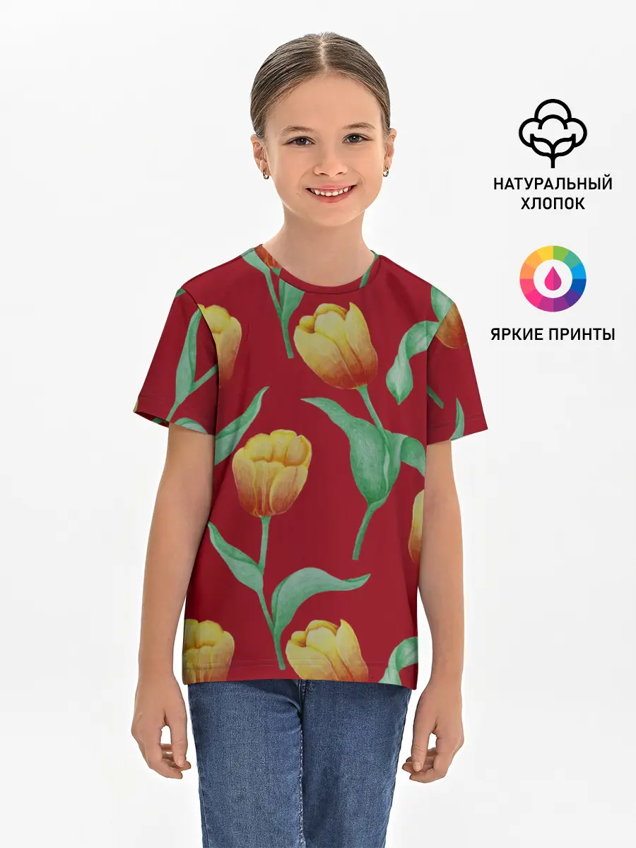 Детская базовая футболка / Тюльпаны на красном фоне