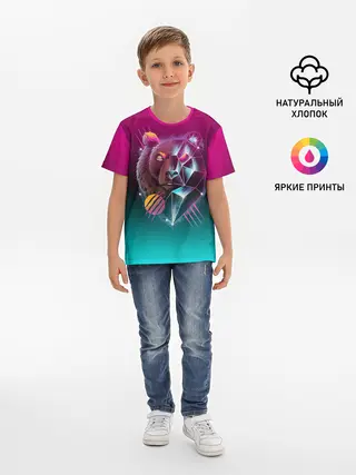Детская базовая футболка / RETRO CYBER BEAR NEON