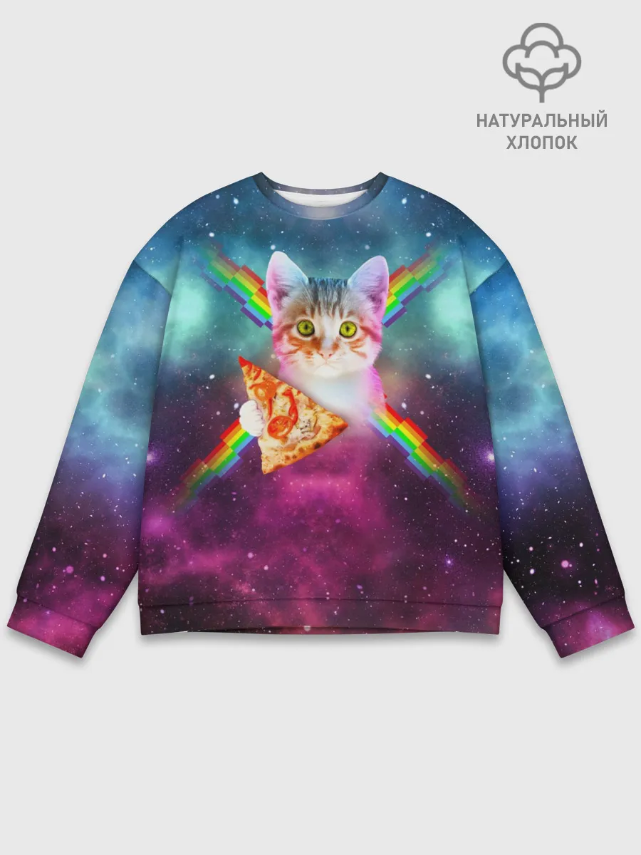 Мужской свитшот базовый / Кот с радугой и пиццей