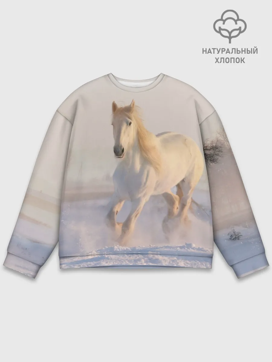Мужской свитшот базовый / Белая лошадь на снегу