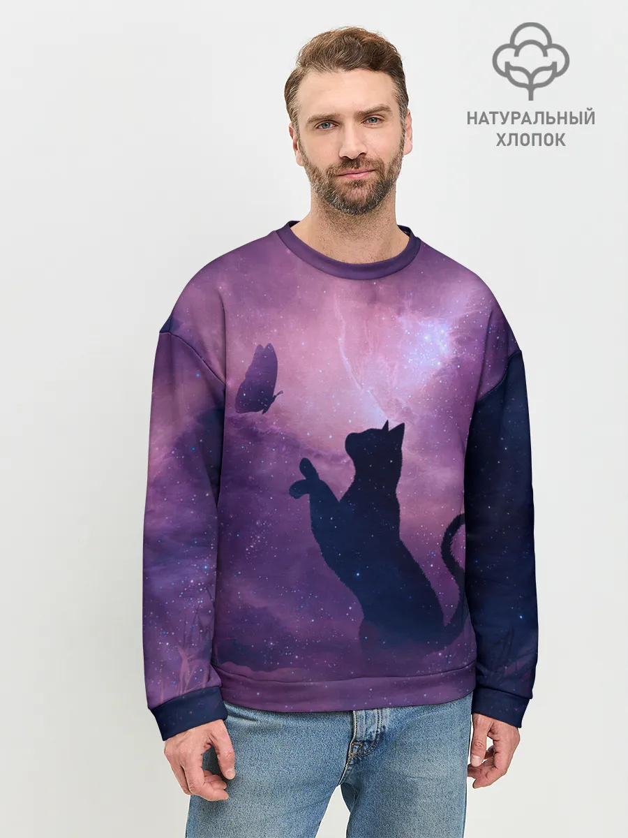 Мужской свитшот базовый / Бабочка кот силуэт фиолетовый