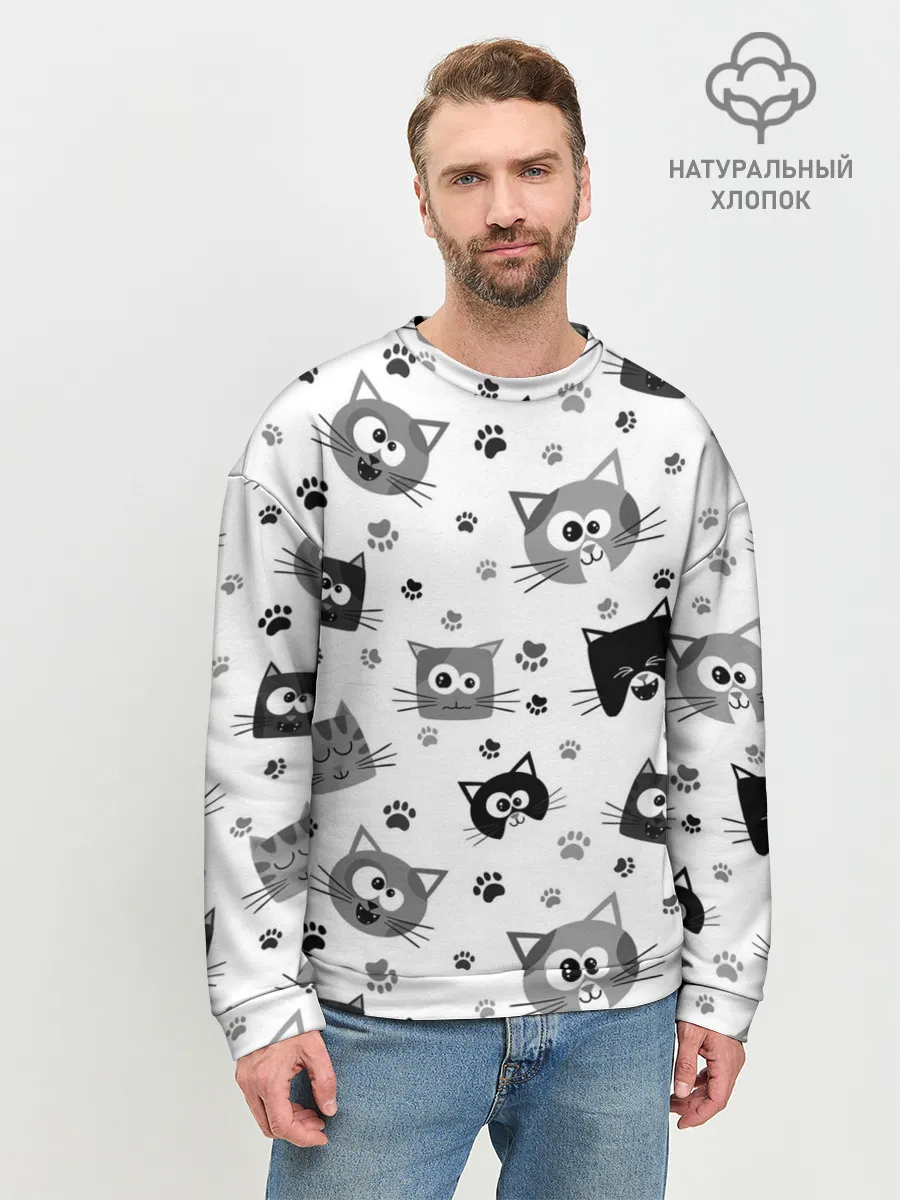 Мужской свитшот базовый / Котики | ЧБ