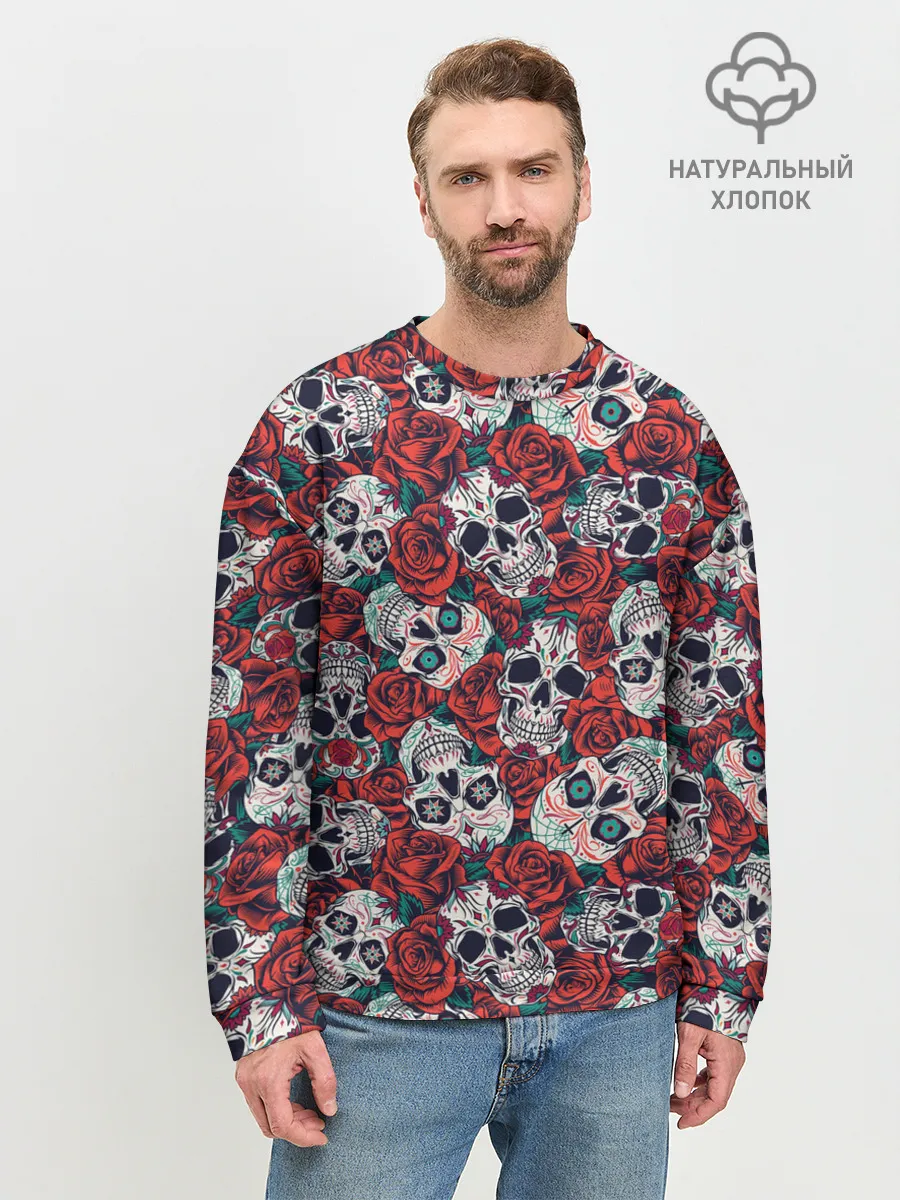 Мужской свитшот базовый / Тату черепа и розы