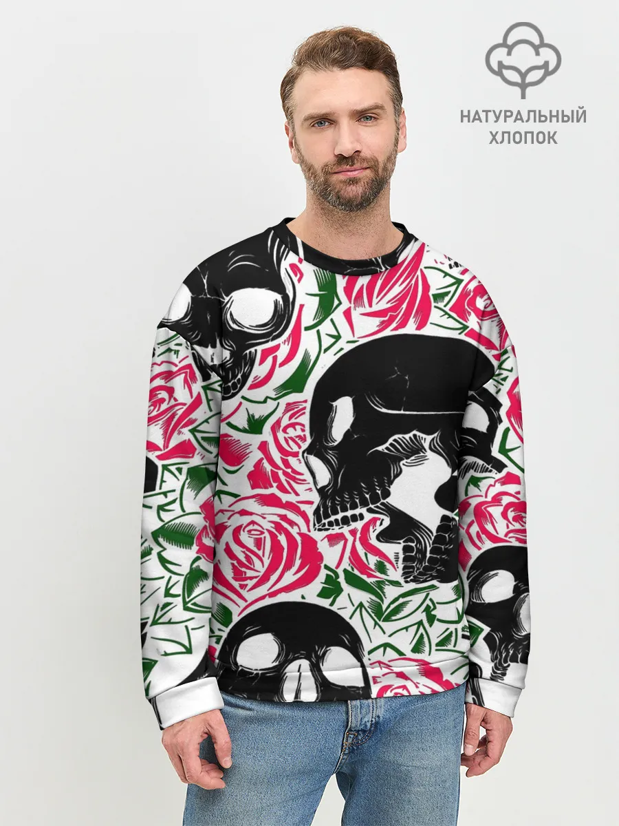 Мужской свитшот базовый / Череп, розы, цветы, зубы