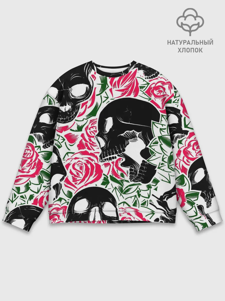 Мужской свитшот базовый / Череп, розы, цветы, зубы