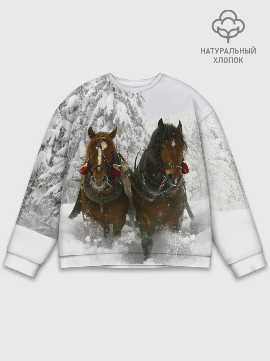 Мужской свитшот базовый / Лошади и снег