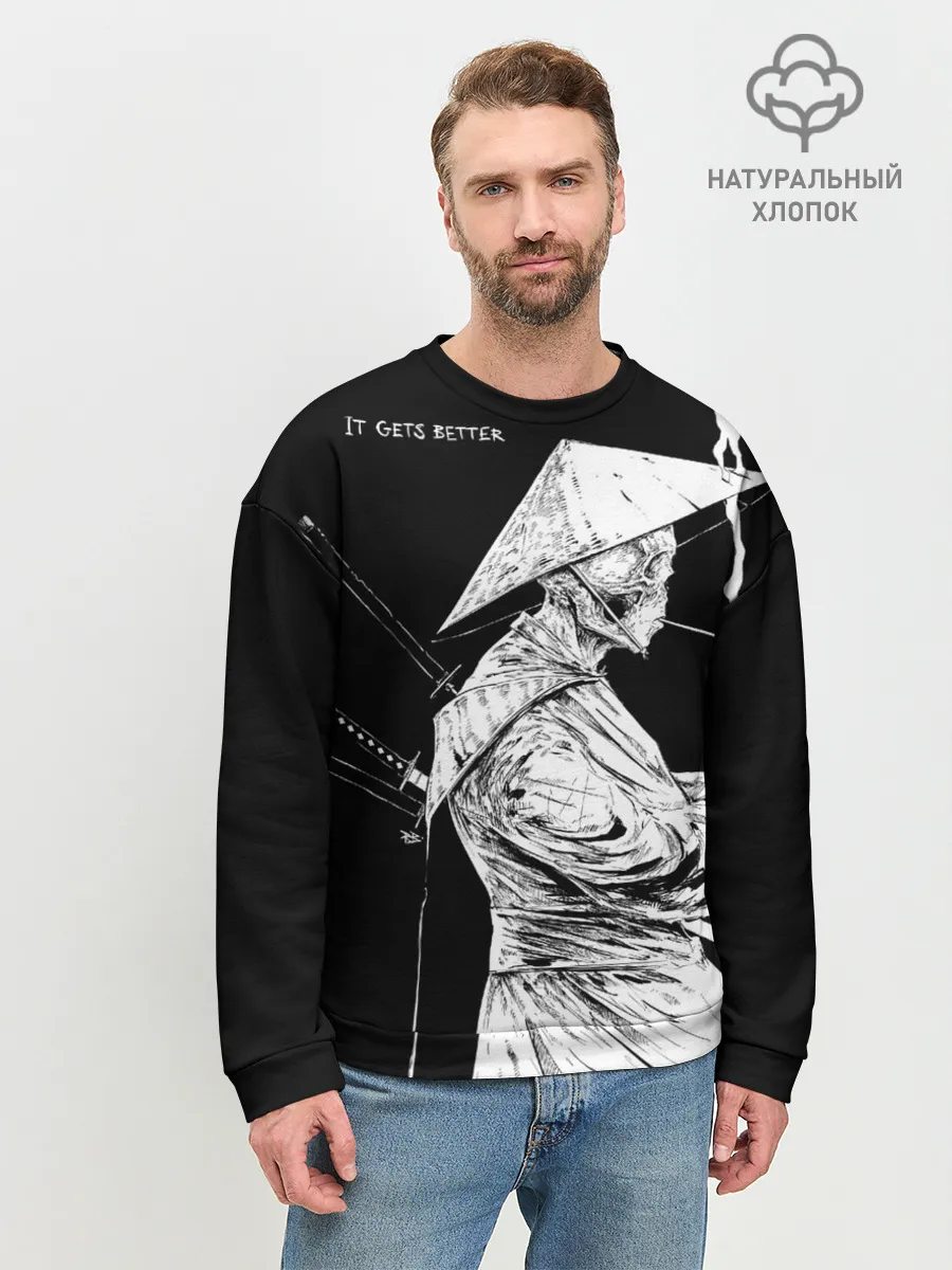 Мужской свитшот базовый / Самурай скелет с трубкой