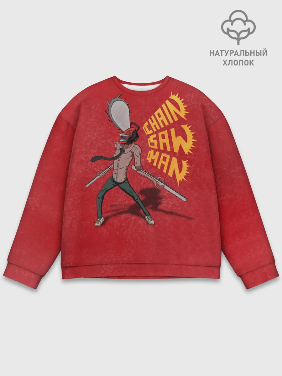 Мужской свитшот базовый / Человек Бензопила на красном фоне