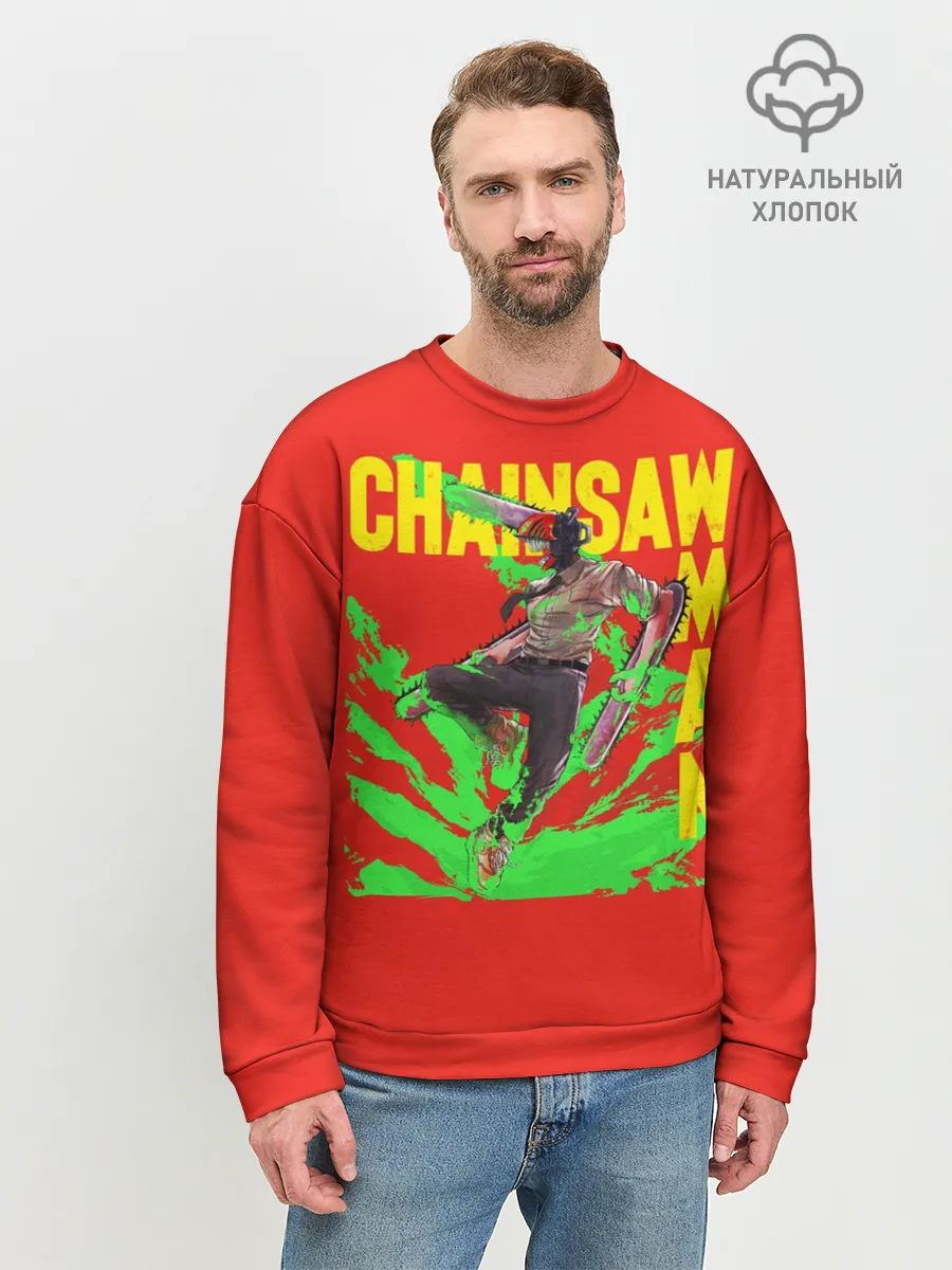 Мужской свитшот базовый / Человек-Бензопила с логотипом на красном