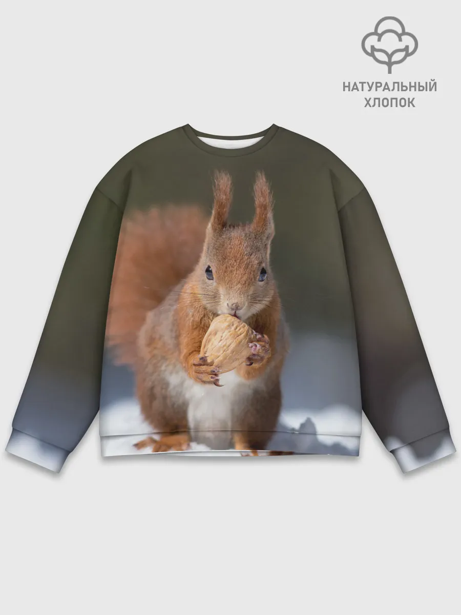 Мужской свитшот базовый / белка с орехом на снегу