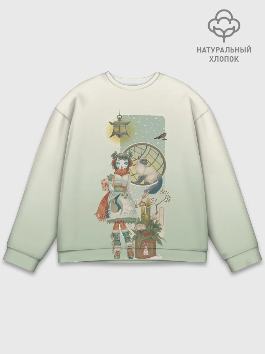 Мужской свитшот базовый / девушка кимоно зима Япония кот