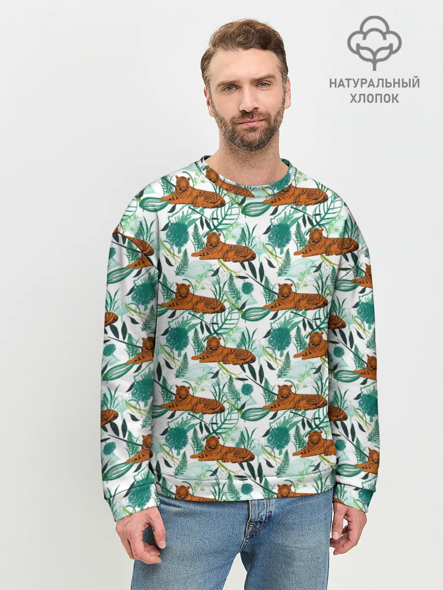 Мужской свитшот базовый / Цветы и Тигр Паттерн