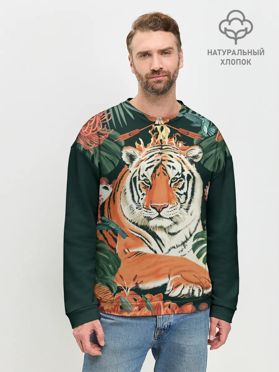 Мужской свитшот базовый / Огненный Тигр в Цветах