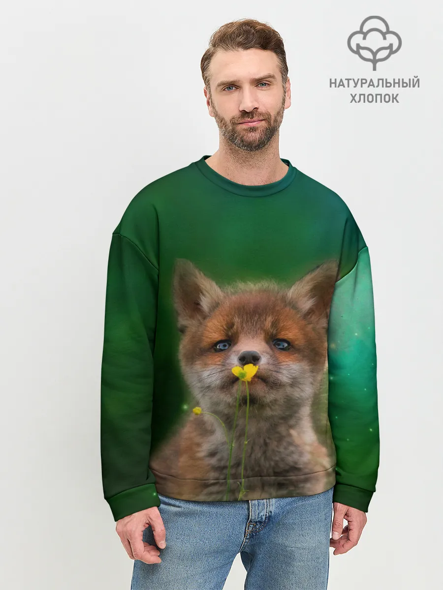 Мужской свитшот базовый / Лисенок нюхает цветок