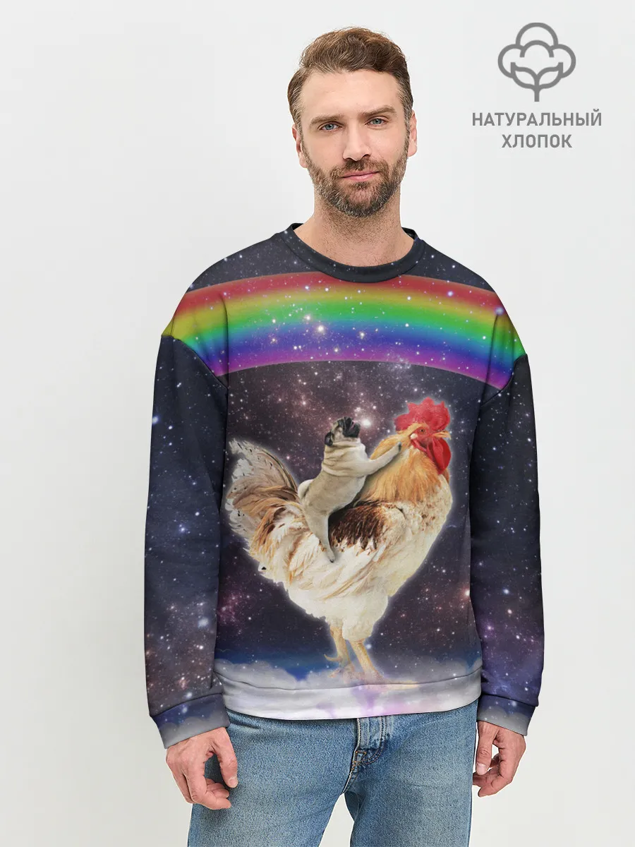 Мужской свитшот базовый / Мопс на курице в космосе