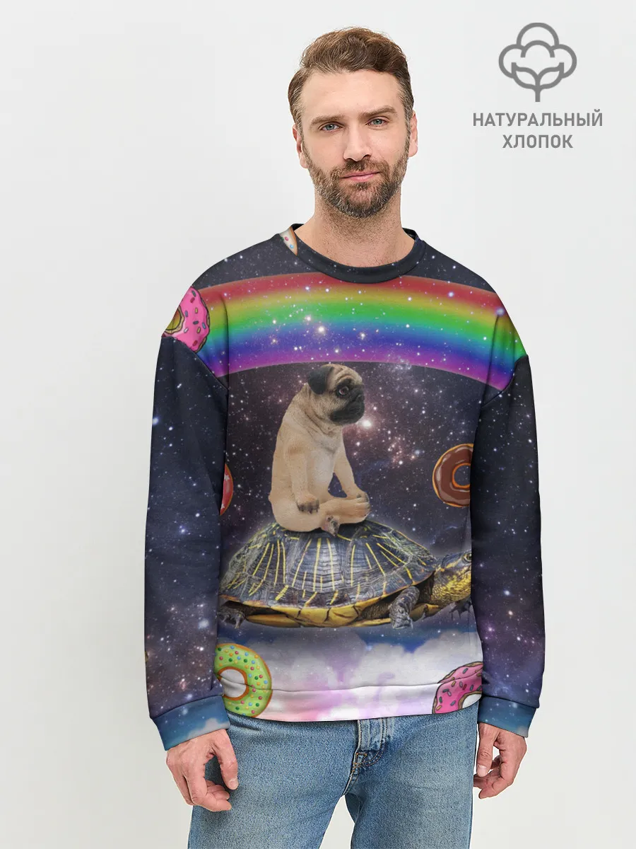 Мужской свитшот базовый / Мопс на черепахе в космосе