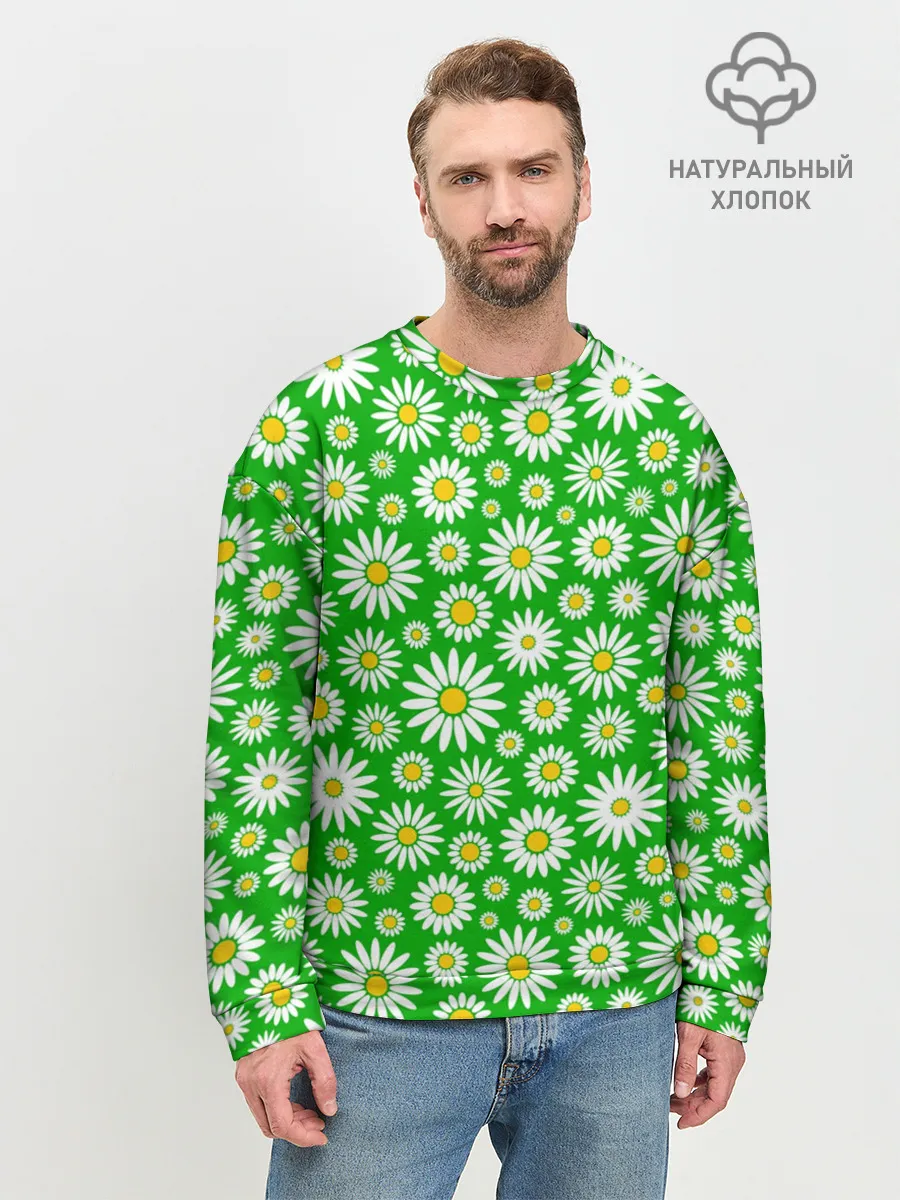 Мужской свитшот базовый / Ромашки на зелёном фоне