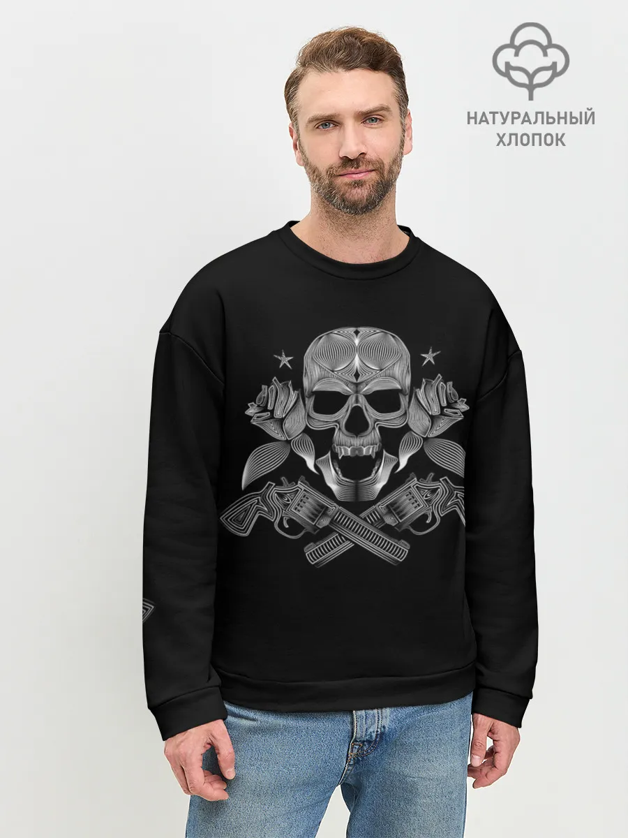 Мужской свитшот базовый / Череп, розы, два ствола