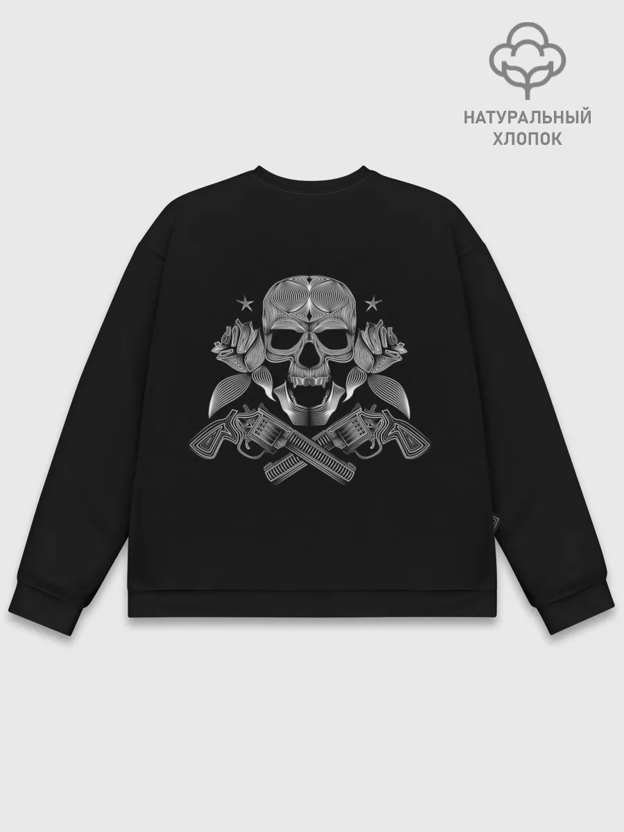 Мужской свитшот базовый / Череп, розы, два ствола