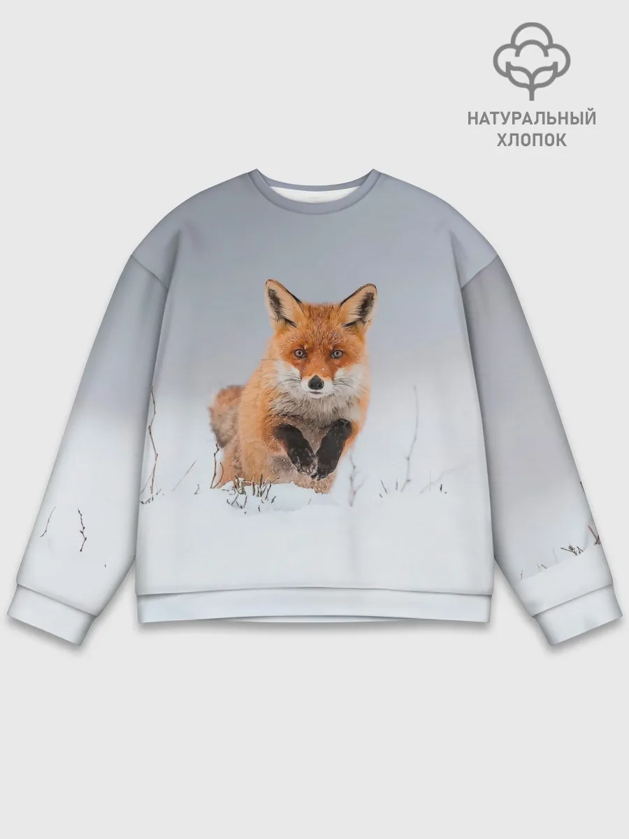 Мужской свитшот базовый / Лисица прыгает по снегу