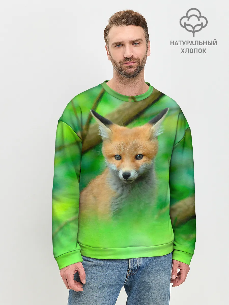 Мужской свитшот базовый / Лисенок в зеленом лесу