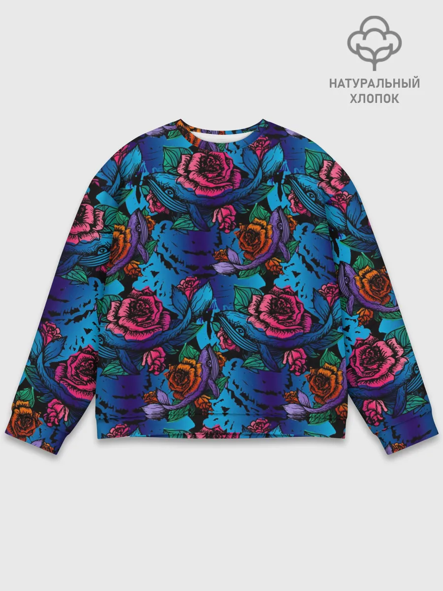Мужской свитшот базовый / Киты и цветы
