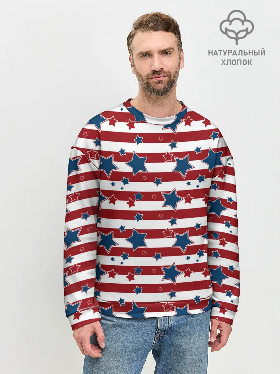 Мужской свитшот базовый / Синие звезды на полосатом фоне