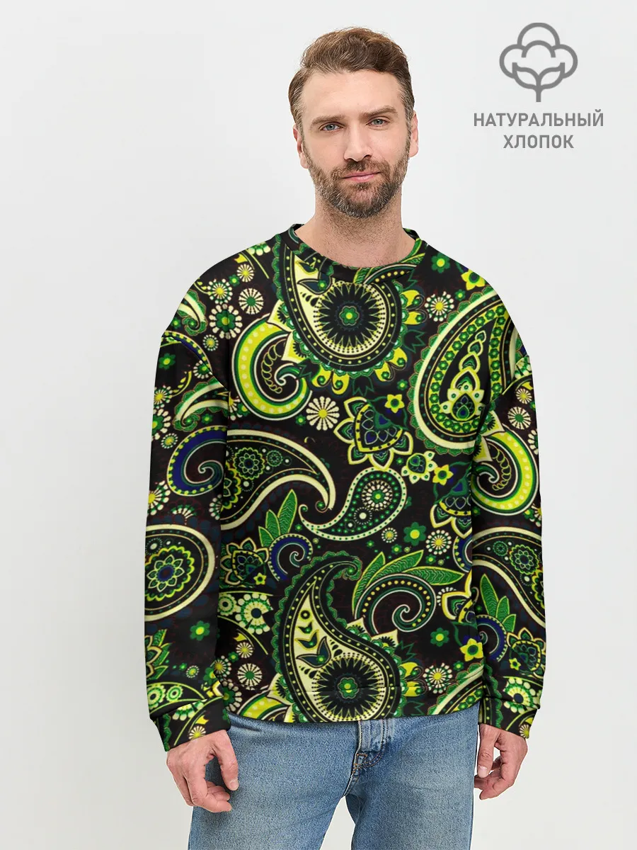 Мужской свитшот базовый / Ярко зеленые славянские узоры