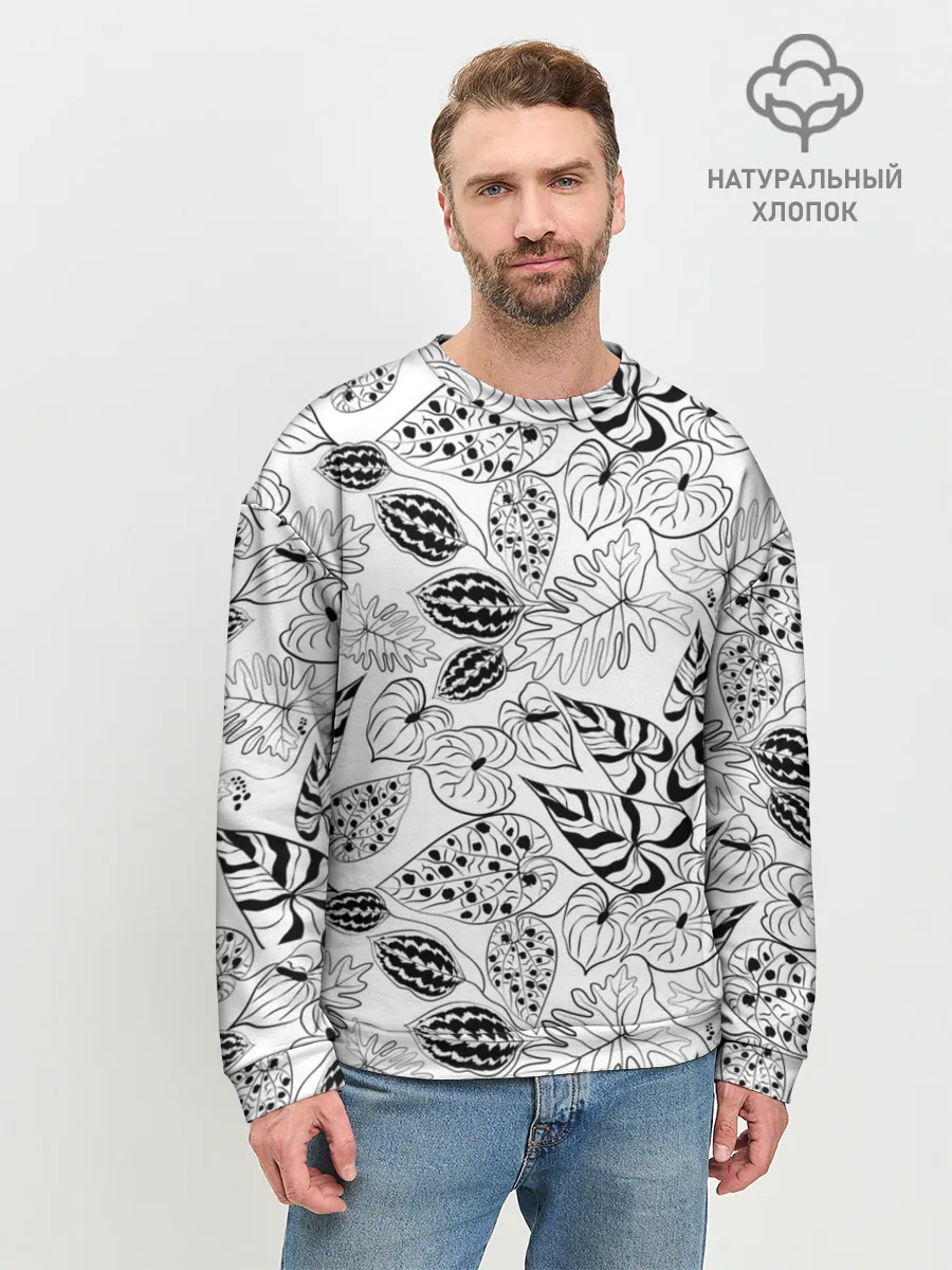 Мужской свитшот базовый / Черно-белый узор Тропики