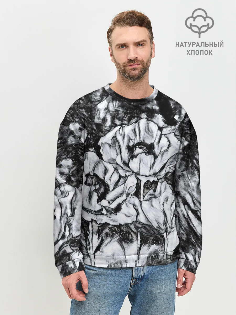 Мужской свитшот базовый / Черно-белый узор. Маки.