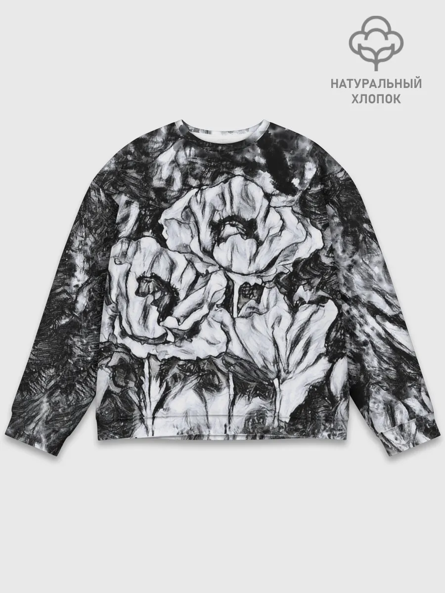 Мужской свитшот базовый / Черно-белый узор. Маки.