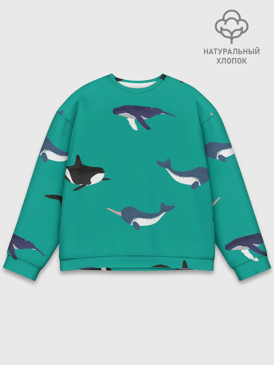 Мужской свитшот базовый / Нарвал, киты, касатка паттерн