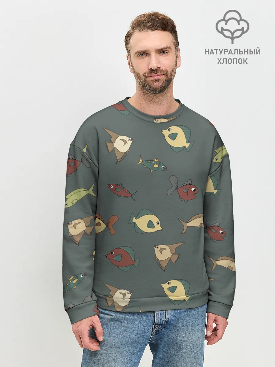 Мужской свитшот базовый / Морские рыбки на зеленом фоне