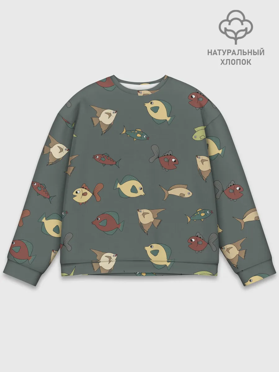 Мужской свитшот базовый / Морские рыбки на зеленом фоне