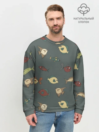 Мужской свитшот базовый / Морские рыбки на зеленом фоне